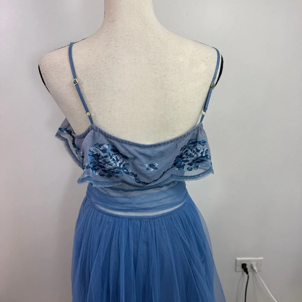 LoveShackFancy Avianna Dusty Blue Embroidered Tulle Maxi Dress